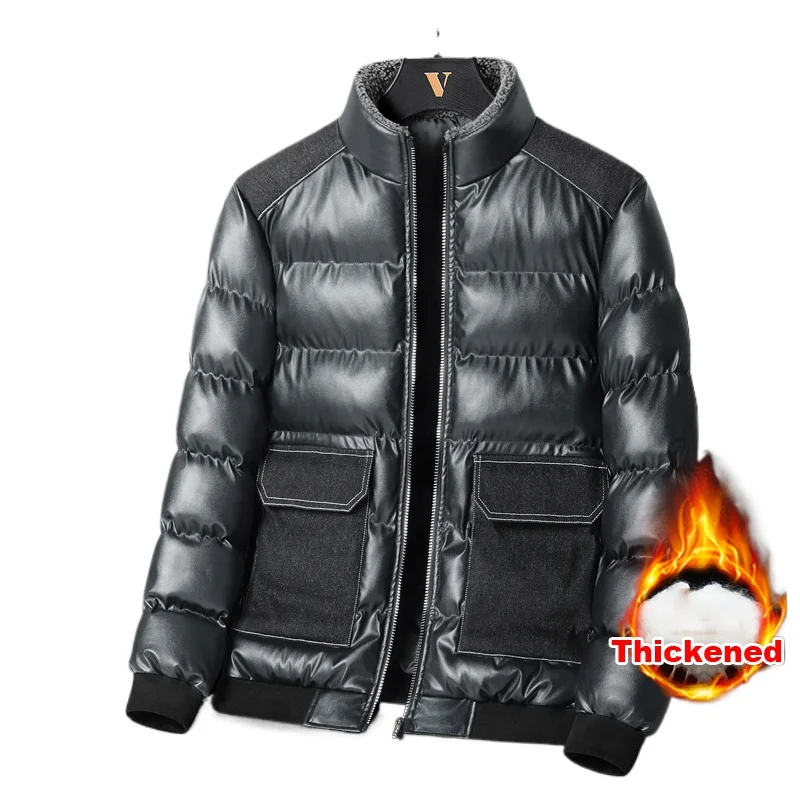 

M-5XLWinter Men's Quilted Thickened Jackets Slim-fit Stand Collar with PU Leather Patch Pockets Men's Quilted Parkas Winter Coat