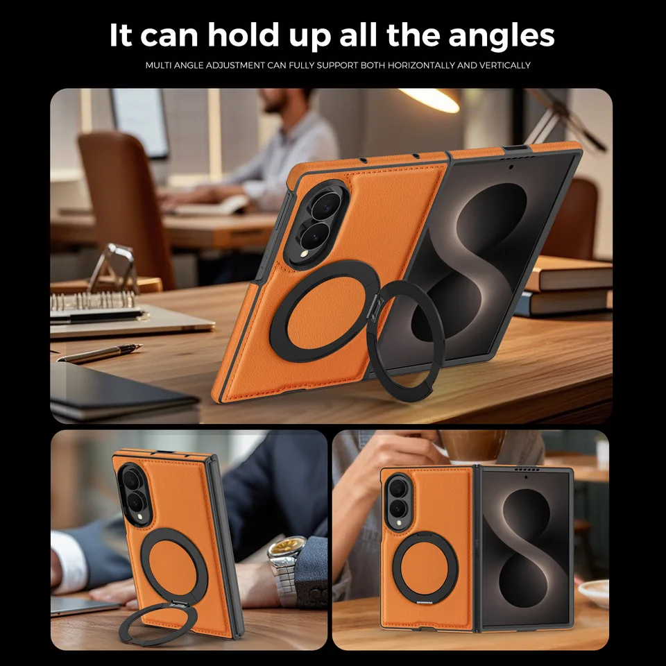Funda con soporte giratorio de textura de cuero para Samsung Galaxy Z Fold 8 Wide 8Ultra 7 6 5 4 3, compatible con carga magnética 4