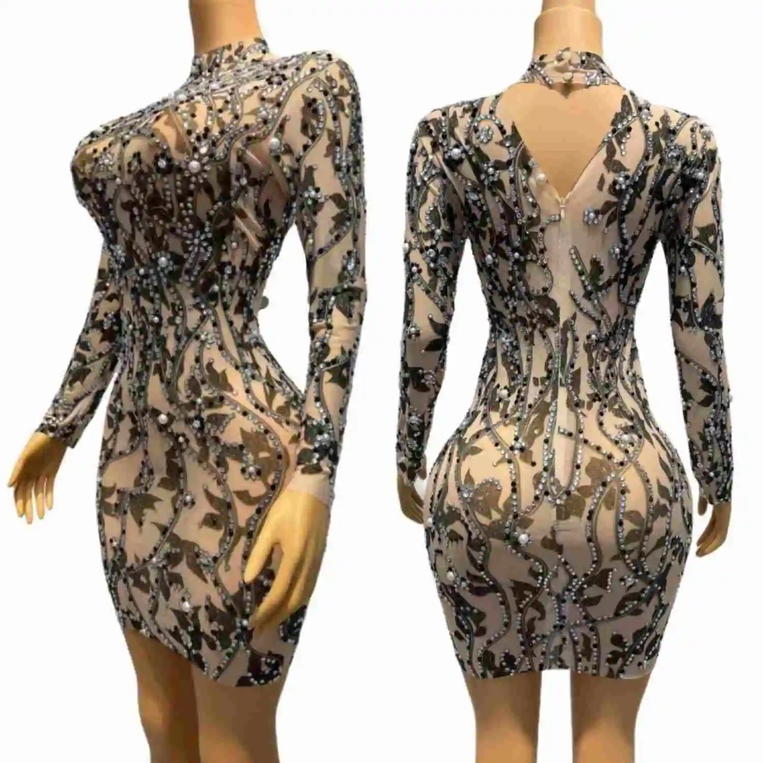 

Sparkly Pearls Crystals Long Sleeved Sexy Short Dress Celebrate Party Prom Outfit Sexy Women Club Luxury Mesh Mini Dress Heiye