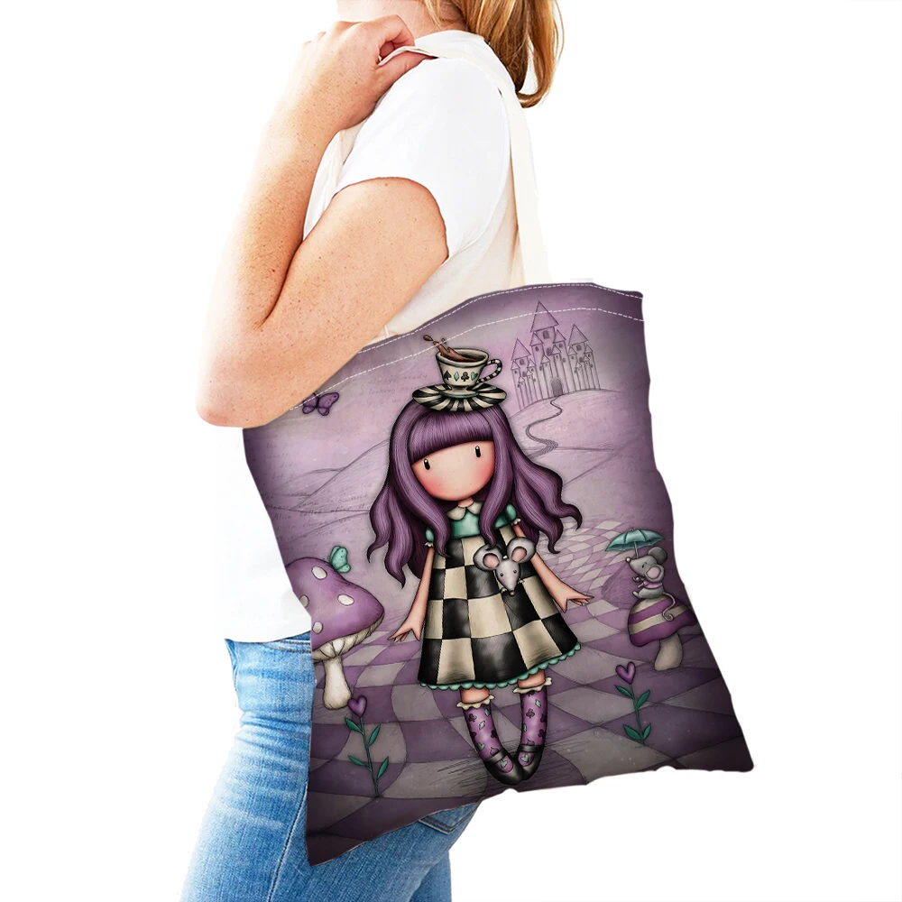 สาวการ์ตูนน่ารักพิมพ์คู่Reusable Eco Canvasกระเป๋านักช้อปกระเป๋าถือTote Casual Fairy Tale Worldน่ารักเด็กถุงช้อปปิ้ง