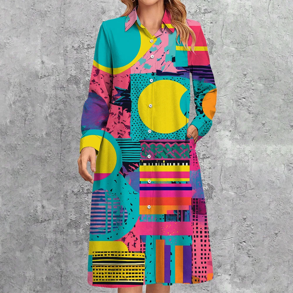 Women's Colourful Geometric Print Shirt Dress Elegant Fashion Lapel Button Down Dress Chic Spring Ladies Knee-Length Long Dress