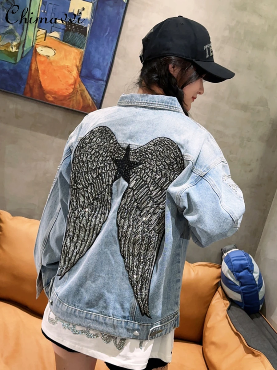 

Fashion Denim Jacket Jacket Heavy Wings Men's and Women's Embroidered Rhinestone Jean Coat Autumn New Luxury Long Sleeve Jackets