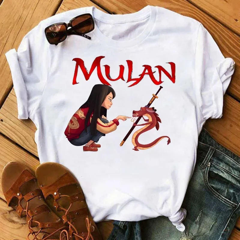 Kawaii Women's T-Shirt Mulan Princess Print Harajuku T-Shirts Loose Short Sleeve Cute Grunge TShirt 2k Top Anime Pattern T-Shirt