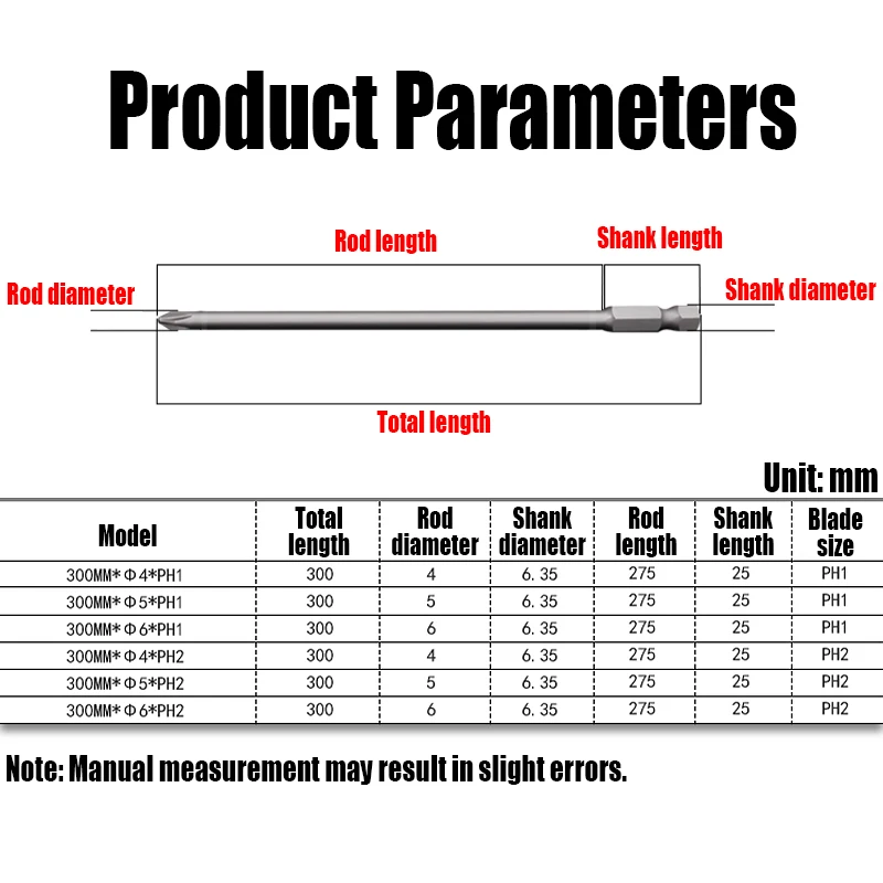 1PCS 300mm Electric Phillips Screwdriver Bit PH1 PH2 Magnetic Batch Head Cross Screwdriver Bit Impact Screw Driver