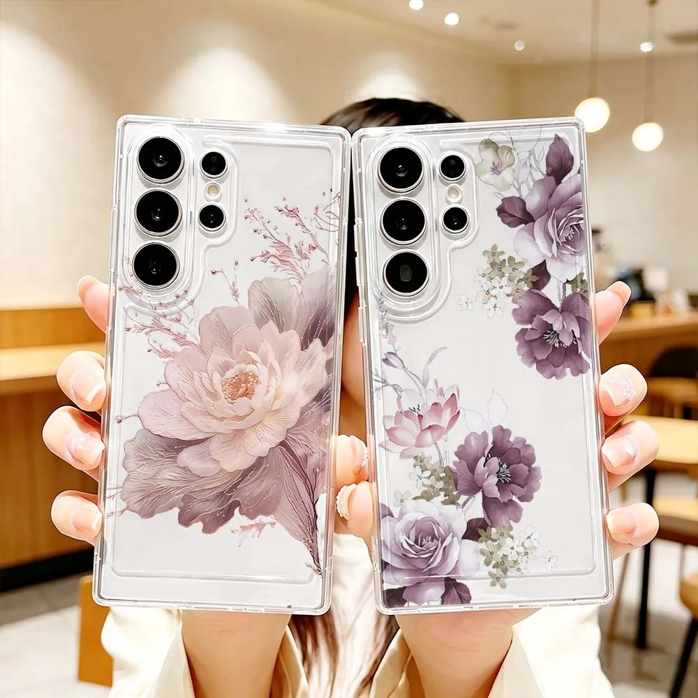 Purple Rose Peony Bouquet Phone Case For Samsung Galaxy S26 S25 S24 S23 S22 S21 S20 Ultra Plus FE Pro 5G Transparent Cover