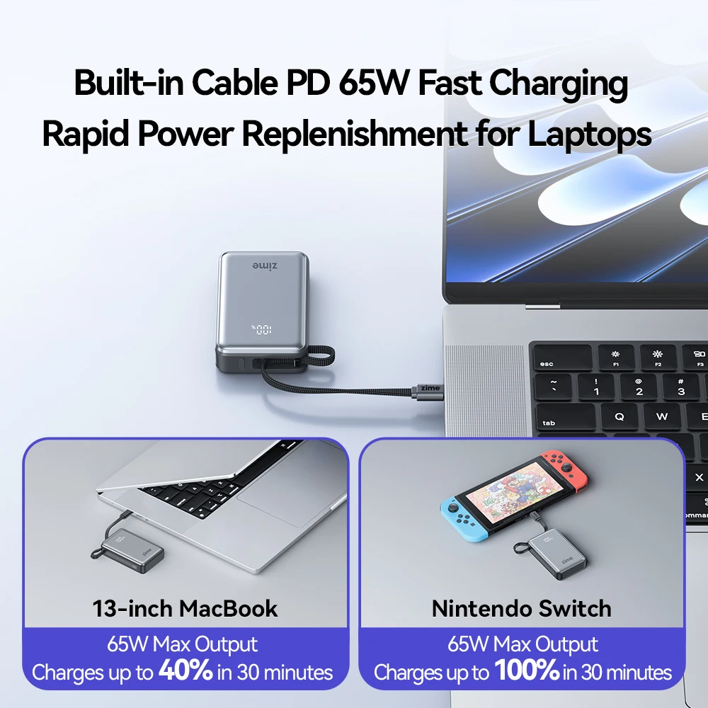 zime Z3 20000mAh 65W PD 3.0 Power Bank WIth Retractable Type-C Cable Dual Port Fast Charger For Macbook iPhone 16Pro Max Laptops