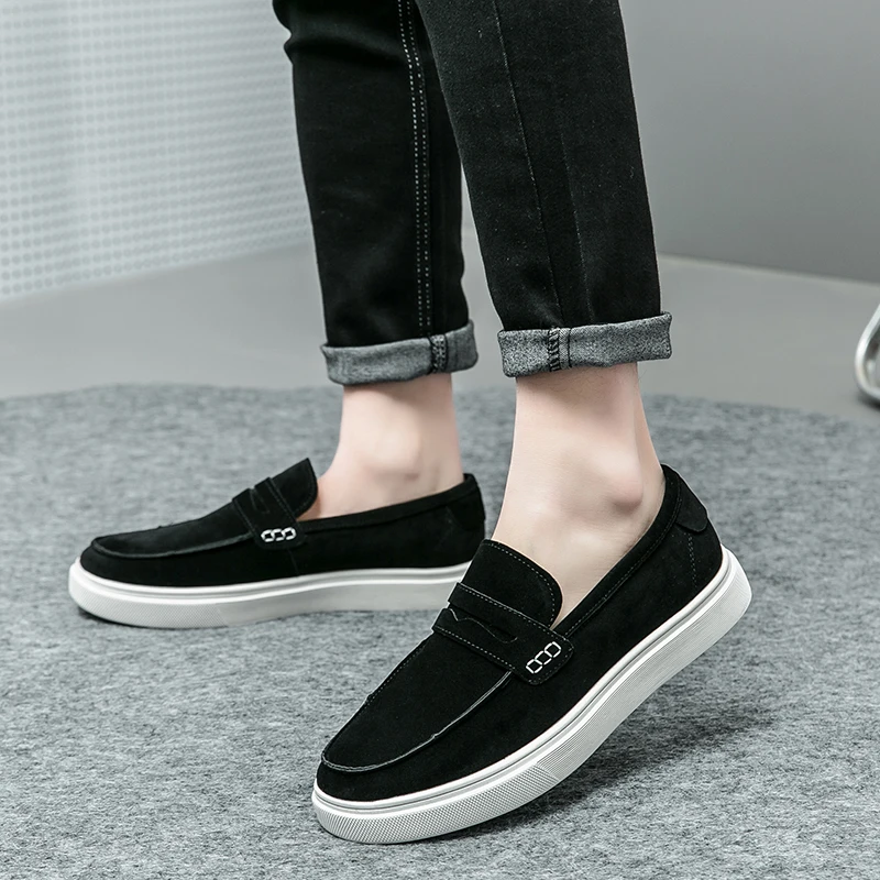 Fashion Trends Mens Black Loafers Shoes Suede Slip on Casual Dress Man’s Shoes Wedding Office White Soled Leather Shoes High-end