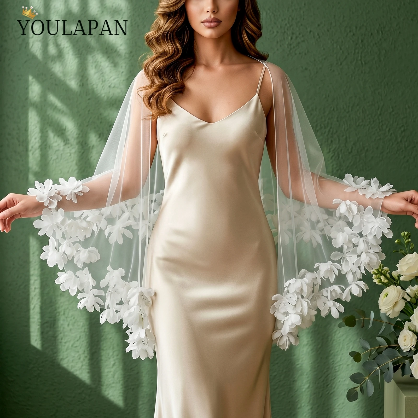 TOPQUEEN MG20 Brautschal mit Blumenrand, Tüll, Damen-Bolero, Brautjacke, Hochzeitsschleier, Capa Boda Novia, DIY, anpassbar – Detail 6