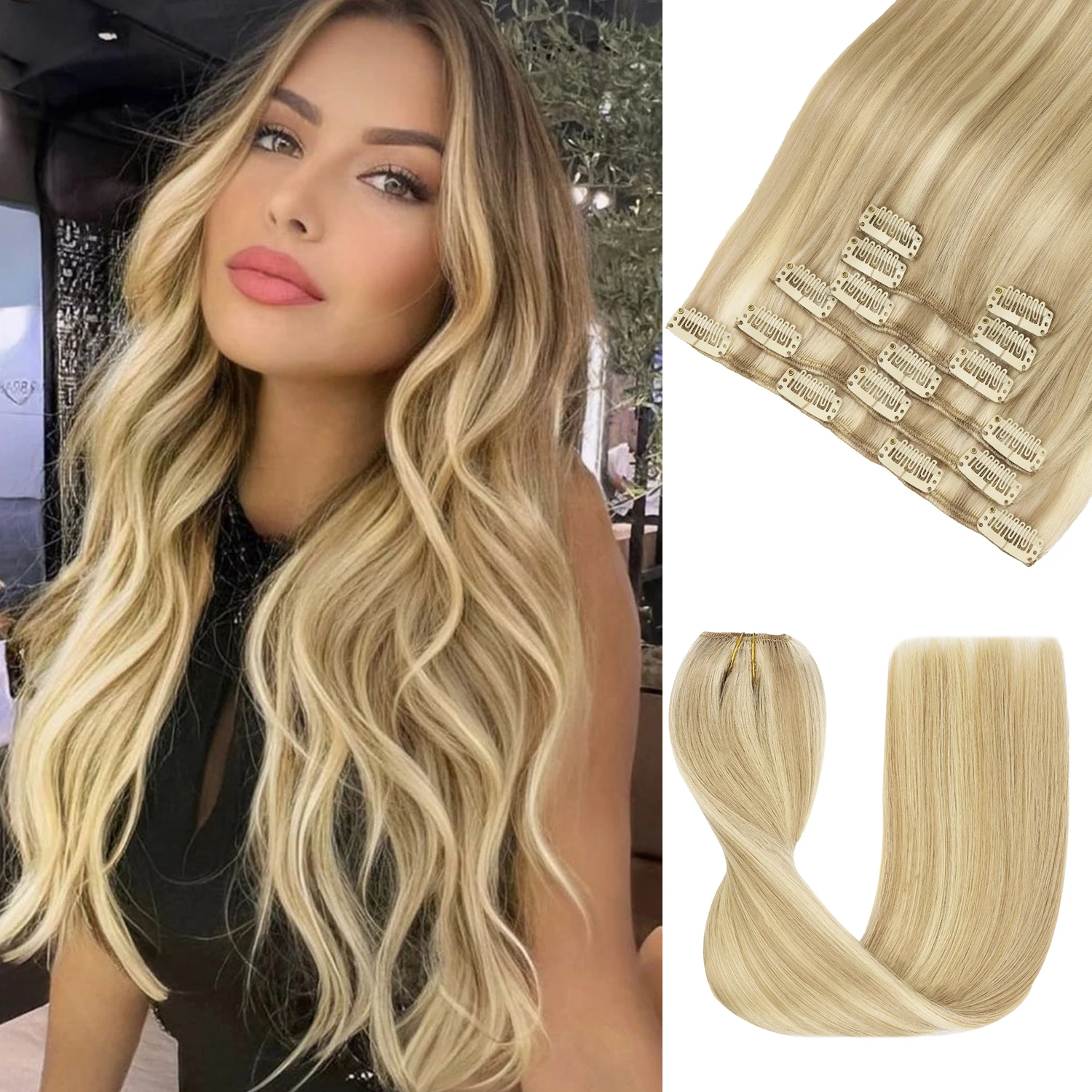 

LOVELINE Clip in Hair Extensions Real Human Hair Ash Blonde to Platinum Blonde Seamless Invisible Hair Extensions Clip ins