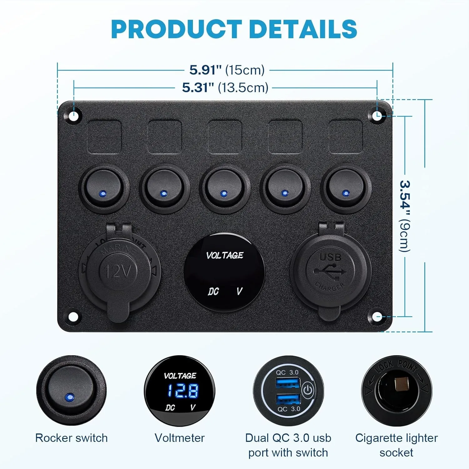 12V 防水ホットロッカースイッチパネル 5 ギャングマリンスイッチトグルスイッチ USB LED デジタル電圧計 12V シガーライター