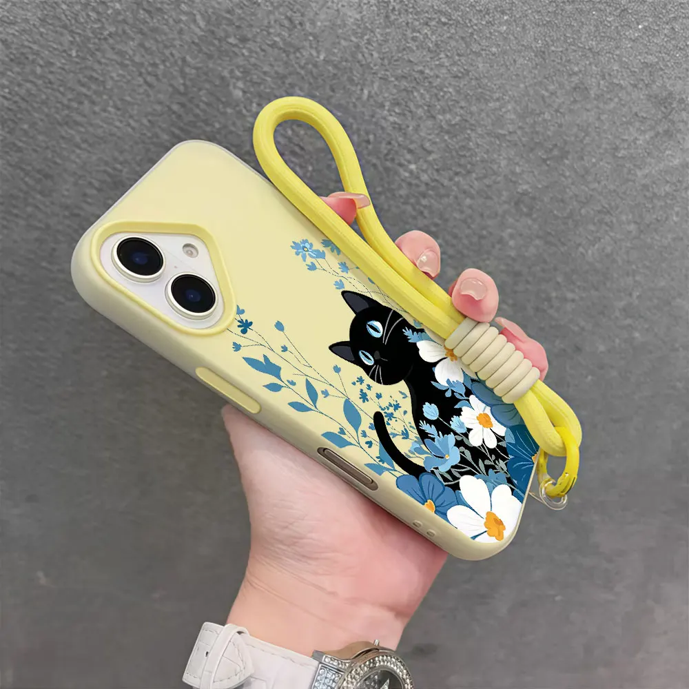 Cat Cute Floral Korean Phone Case For Samsung Galaxy S26 S25 S23 S22 S24 FE Ultra Plus A35 A34 A54 A37 Lanyard Wrist Strap Cover view 2