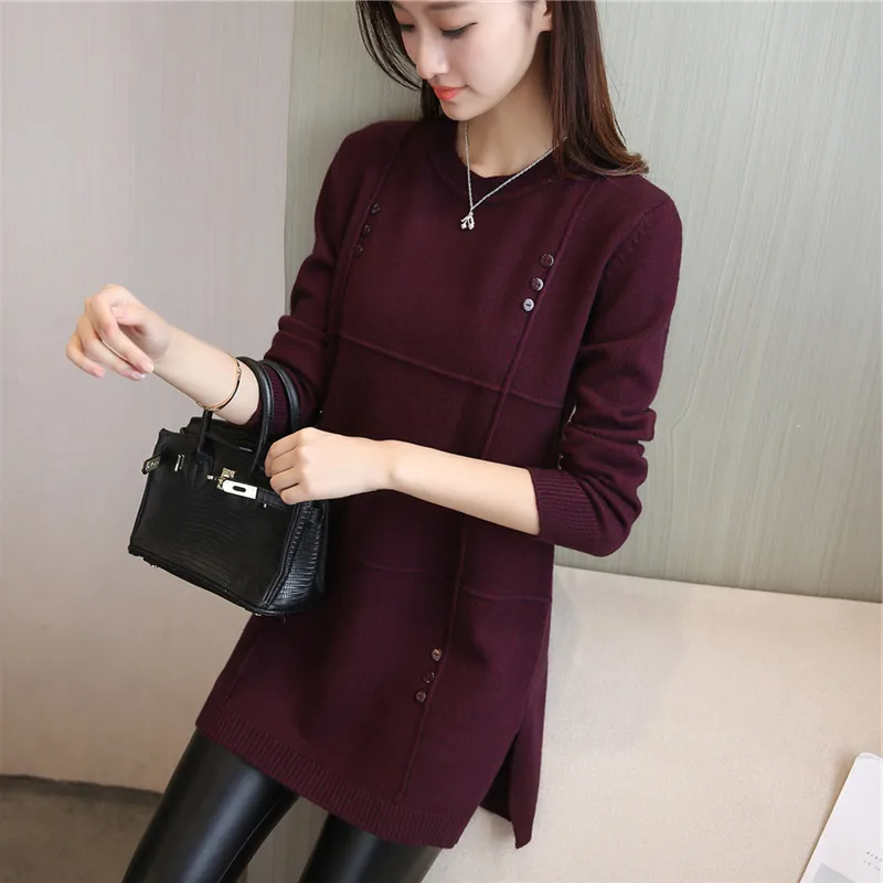 Women 2024 New Fashion Cropped Wine red Solid Casual Knitted Sweater Vintage O Neck Long Sleeve Female Pullovers Chic Tops