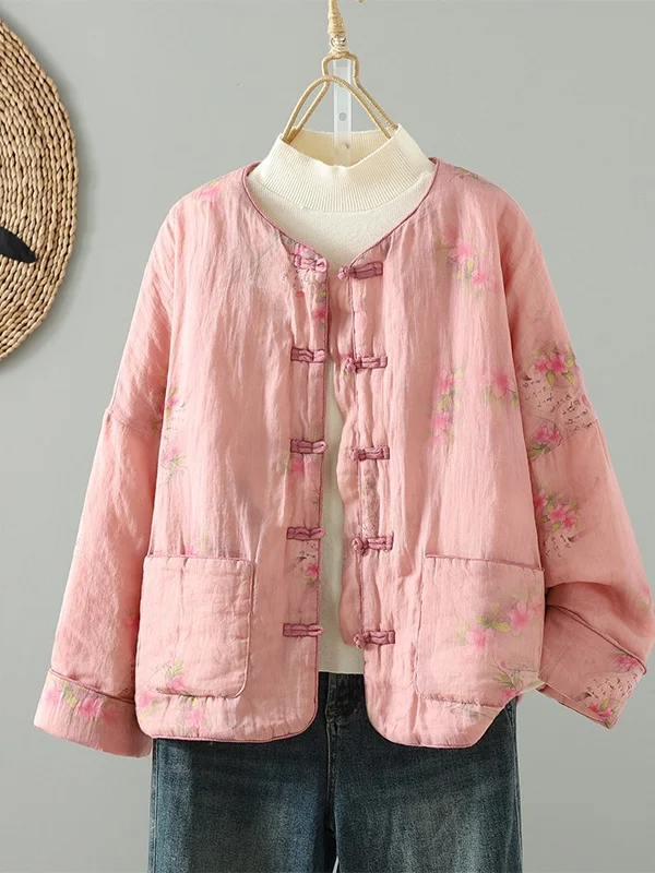 

Retro Print Cotton Linen Fce Women's Jaet Loose Stand Collar Vintage Button up Outerwear Autumn Winter New Sle