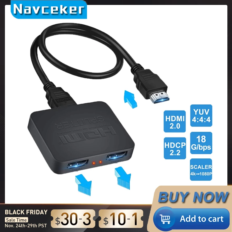 Navceker HDMI Splitter 1x2 1080P 4K HDMI Splitter 1 in 2 out 2 Port HDMI Amplifier HDMI Cable Splitter 2.0 For HDTV PS4 PS5 Xbox