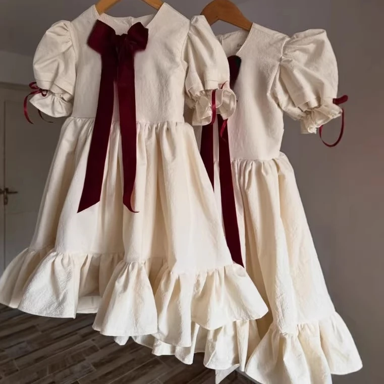 Girls Skirt 2026 Spring and Summer New Childrens Clothes Girls Baby French Cotton and Linen Bow Bubble Sleeve Princess Dress