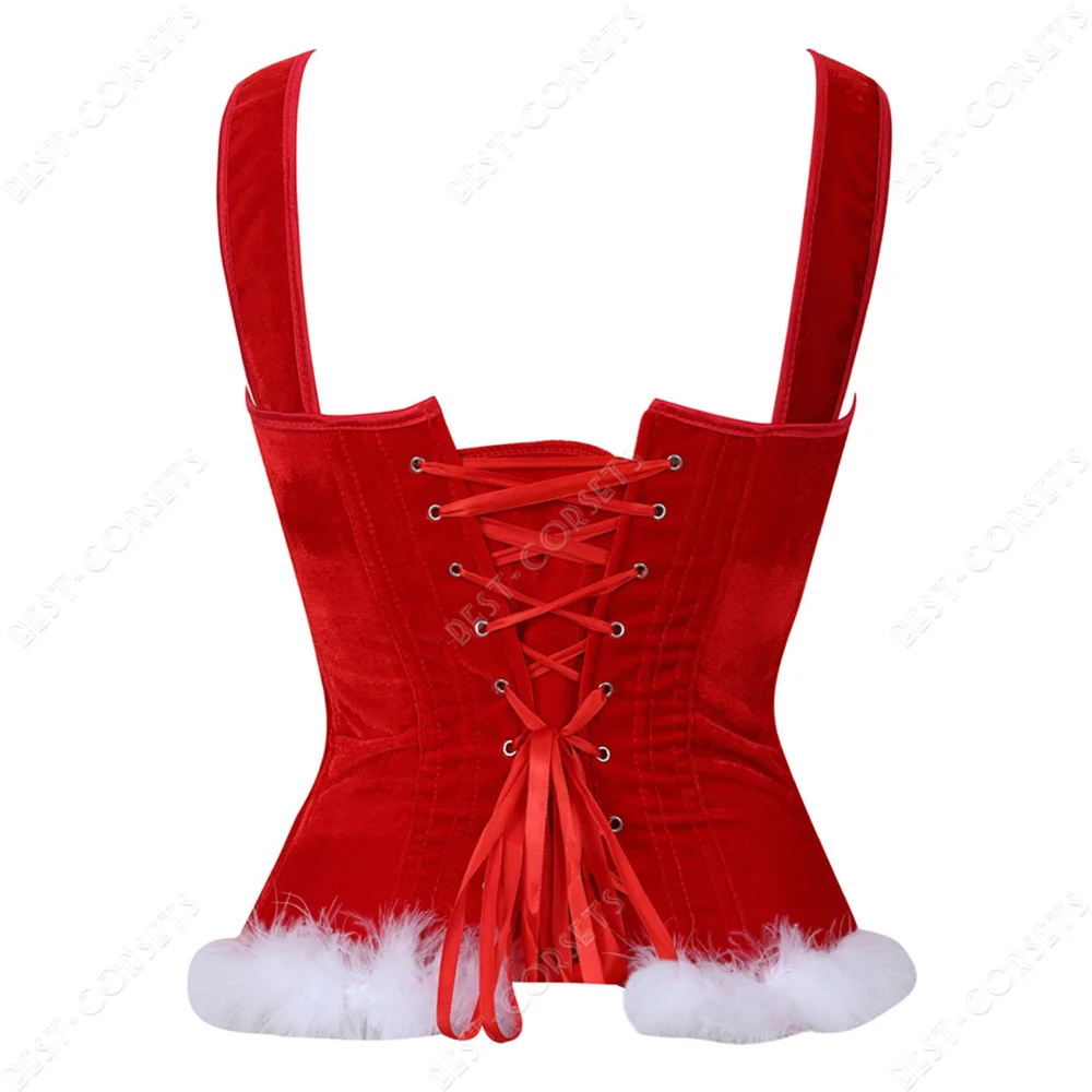 Red Corset Tops for Women Christmas Corset with Feather Santa Costume Carnival Sexy Overbust Corset with Straps