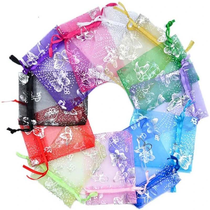 100pcs/lot Butterfly Organza Bags Christmas Wedding Drawable Jewelry Pouch Gift  Packaging Candy Bag Accessories Storage Bag