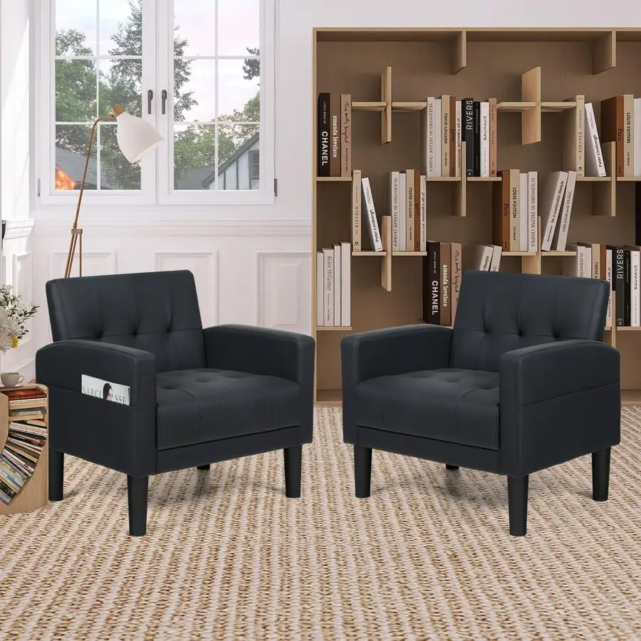 거실용 악센트 의자 2개 세트, 편안한 안락의자, 사이드 포켓이 있는 모던 가죽 싱글 소파 의자, 독서용