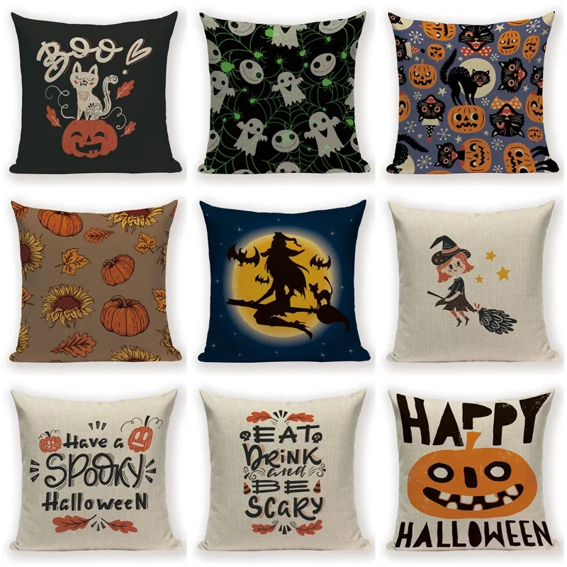 Happy Halloween Cushion Cover Pumpkin Bat Throw Pillow Cover Magic Girl Flying Carpet Pillowcase Ghosts Decorative Cushions Case