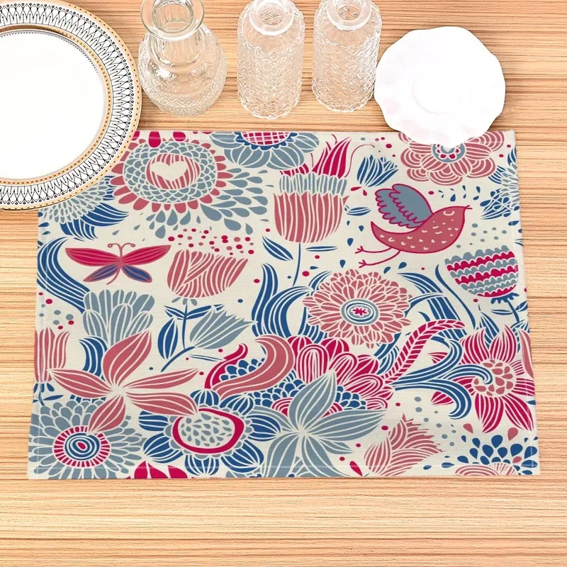Famous Artistic Flowers Print Linen Dining Table Mats Alphabet Kitchen Placemat 32X45cm Coasters Pads Bowl Cup Mat