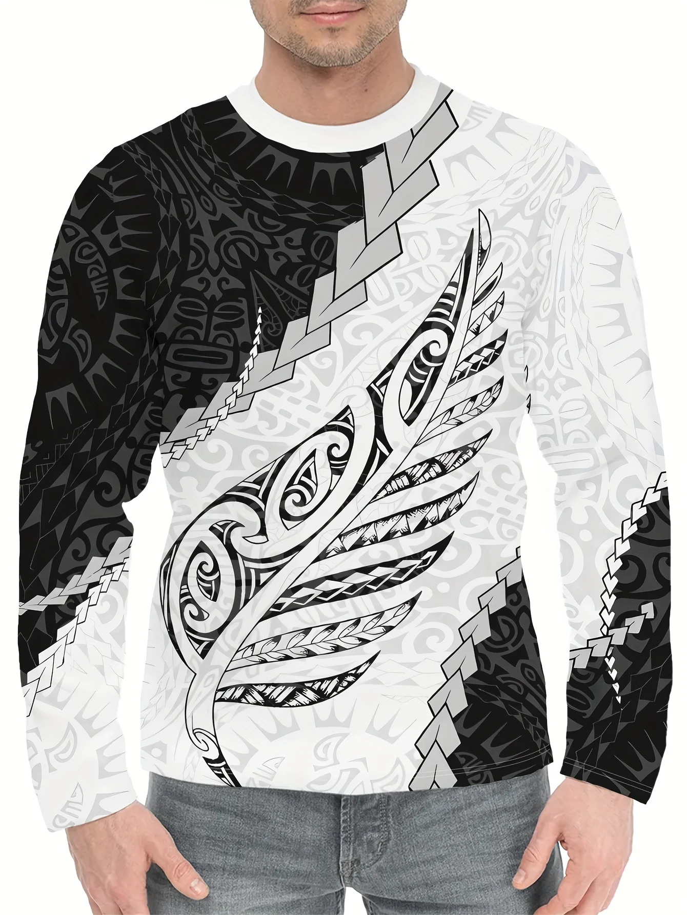 

2024 New men's long-sleeved T-shirt 3D Printing HD Maori Silver Fern White Printing men's Autumn Tops Casual Round Neck Street