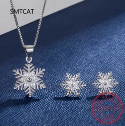 925 Sterling Silver Korean Fashion Small Snowflake Diamond Zircon Earrings Necklace Set Female Sweet Flower Couple