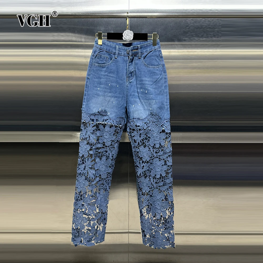 VGH Casual Hollow Out Spliced Lace Solid Jeans Dla Kobiet Wysoka Talia Patchwork Kieszenie Minimalistyczne Luźne Szerokie Nogawki Spodnie Damskie