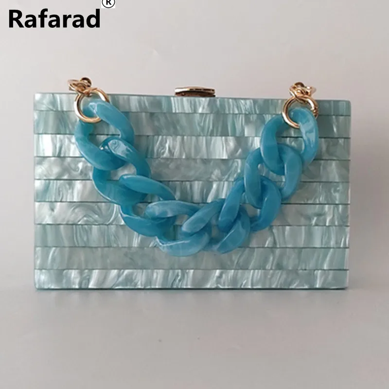 

Light Blue Silver Metal Clasp Women Chain Acrylic Striped Handmade Box Clutches Evening Handbag Shoulder Female Flap Purse Bags