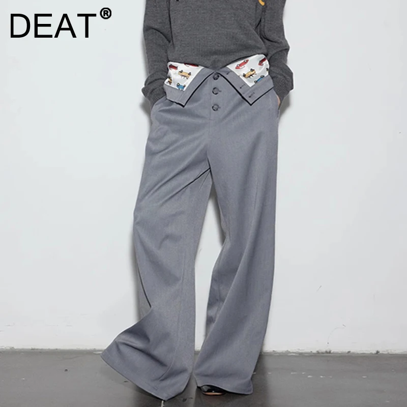 DEAT Fashion Trend Women's Car Pattern Flip Over Waist Trousers Buttons Design Straight Casual Pants 2024 Winter New 33A2264