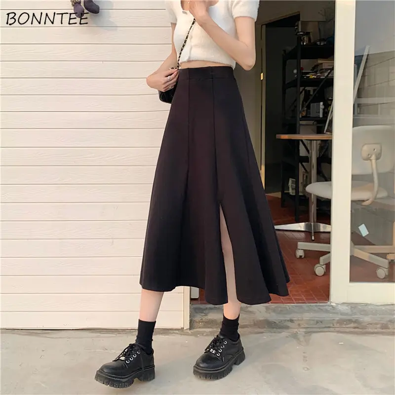 

Skirts Women Side-slit Summer Elegant Soft Black Empire All-match Design Casual Mid-calf Popular Mujer Faldas Chic Cozy Harajuku