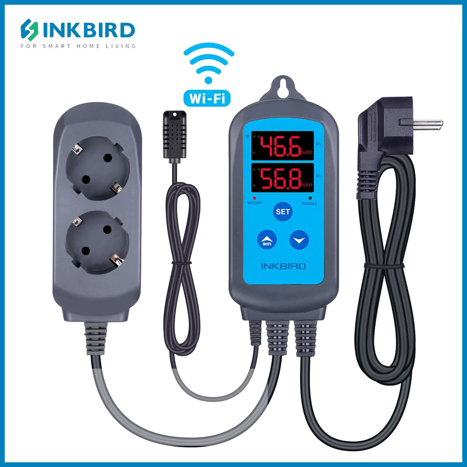 INKBIRD IHC-200/IHC-200-Wifi Kontroler Wilgotności Inteligentne Sterowanie Aplikacją Podwójny Cyfrowy Wyświetlacz Higrometr Gniazdko z Alarmem Wysokiego i Niskiego Poziomu