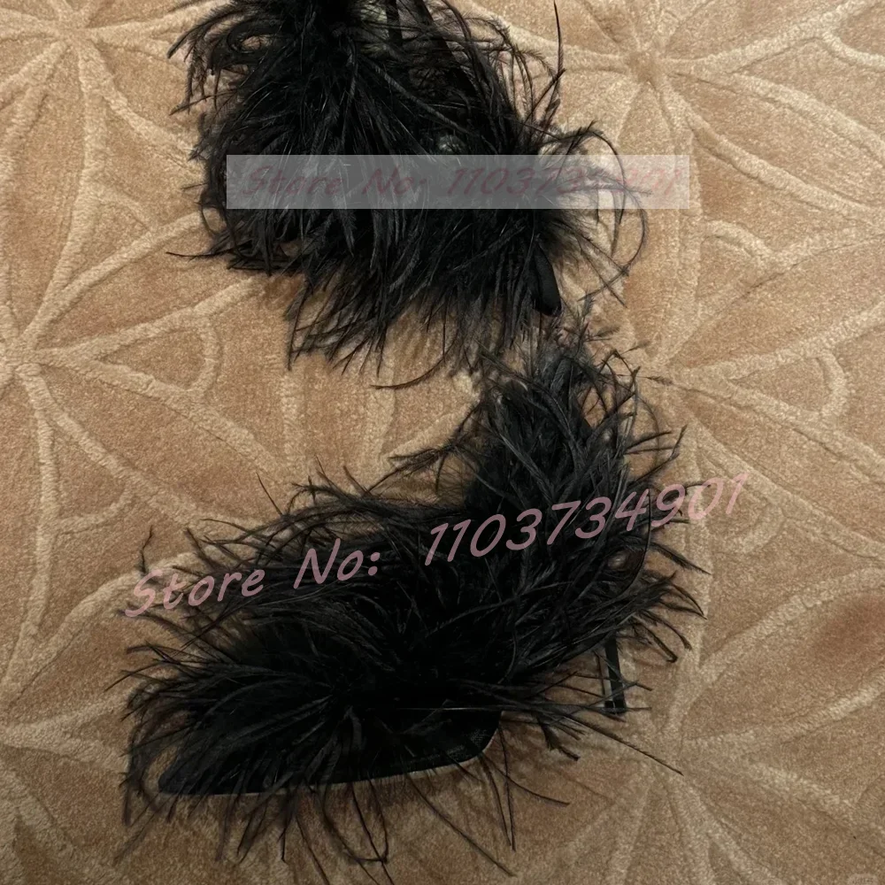 Feather Mesh Black Satin Pumps Women Elegant Party Pointy Toe Stiletto High Heels Shoes Ladies Trendy Casual Chic Slip-On Pumps