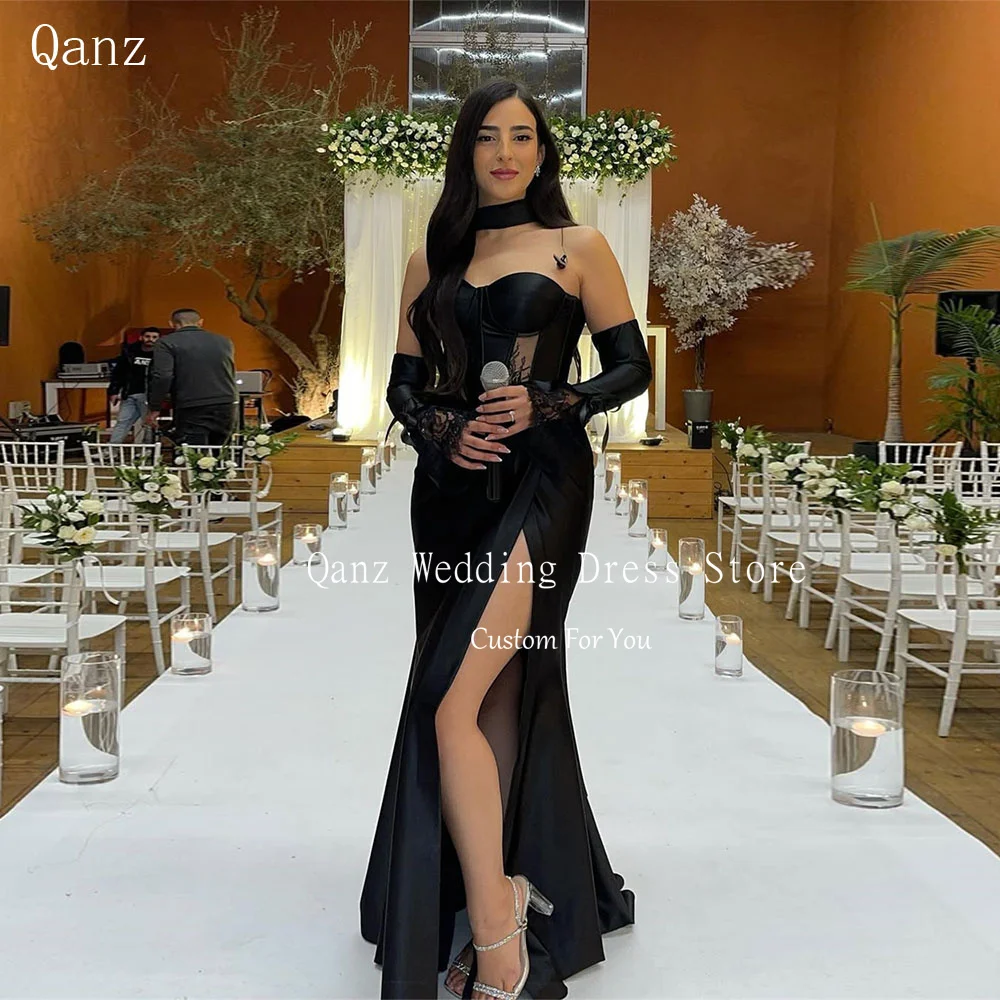

Qanz Sexy High Leg Slit Prom Dress Black Satin Lace Long Sleeves Wedding Party Dress Corset Back Vestidos De Festa Customized