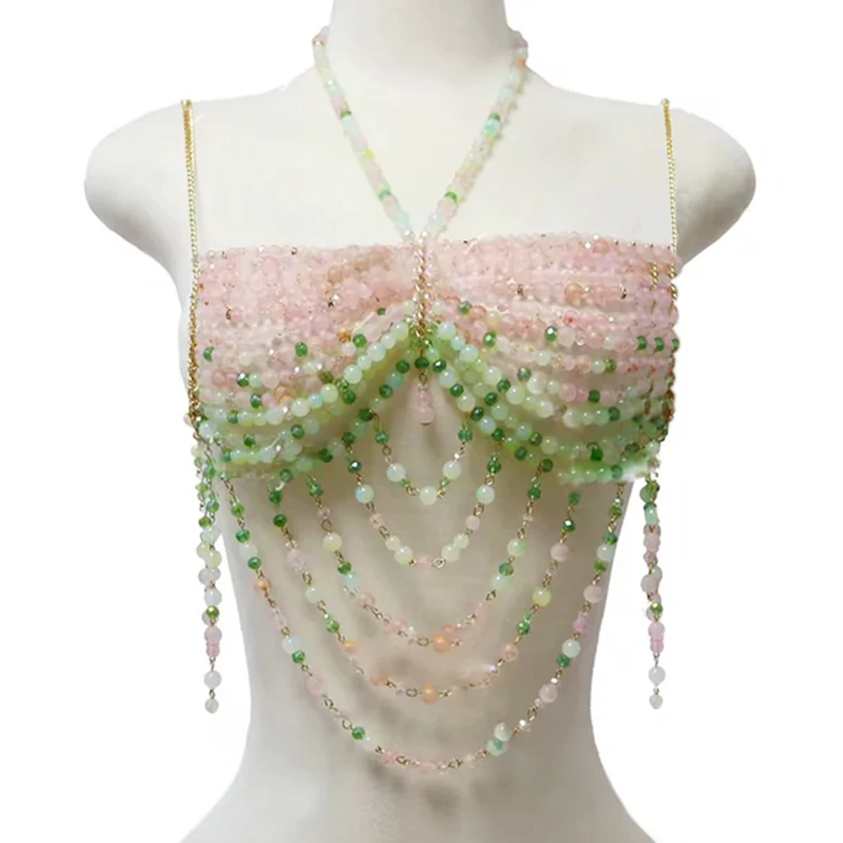 Strawberry Matcha Beaded Top Pearl Body Chain Jewelry Fringe Festival Bikini Cover up Mermaid Bra Summer Goddess Bead Bralette
