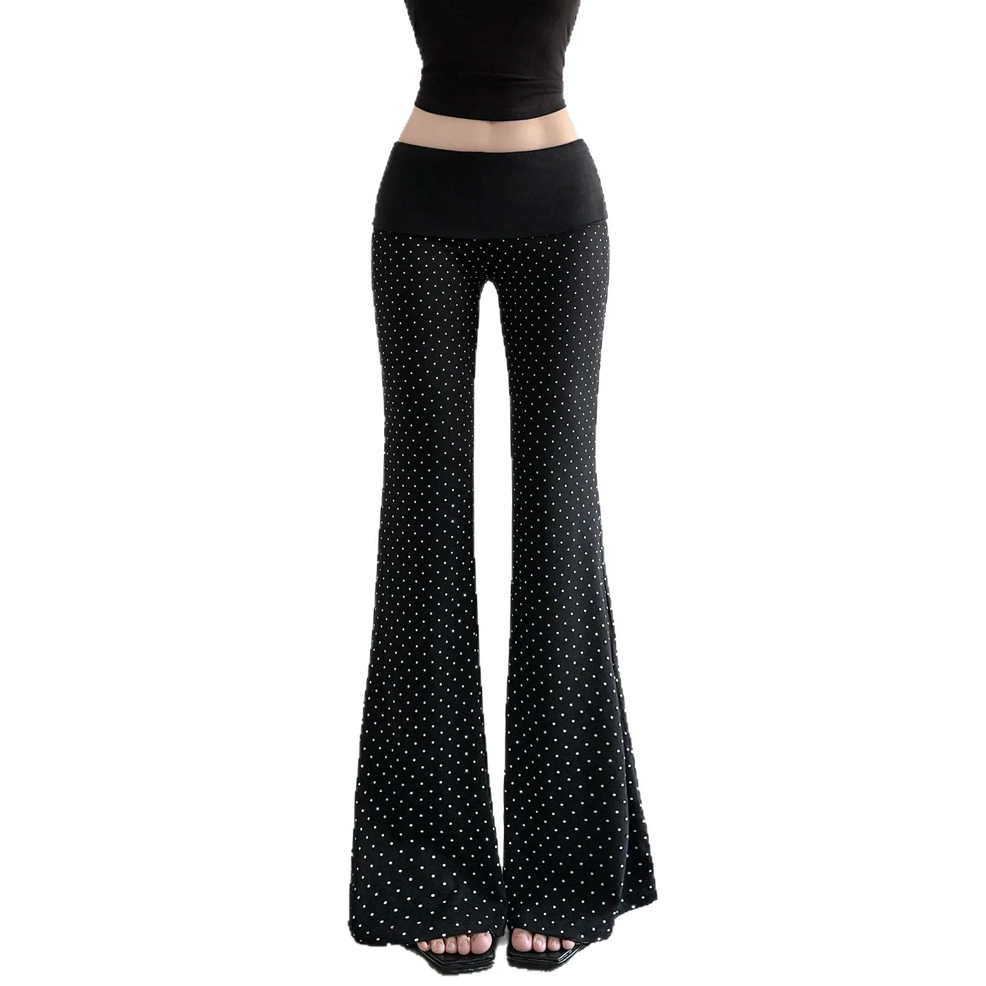 กางเกงขายาวทรงบานเอวต่ำ ลายจุด เนื้อผ้าถัก สไตล์ลำลอง แฟชั่นพรีเมียม ทรงเข้ารูป พิมพ์ลาย สำหรับผู้หญิง