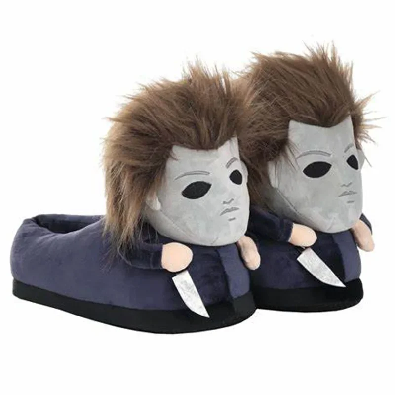 Rytanda Halloween Plush Slippers Michael Myers Winter Funny Soft Warm Non-Slip Shoes Women Men Indoor House Flat With Slipper