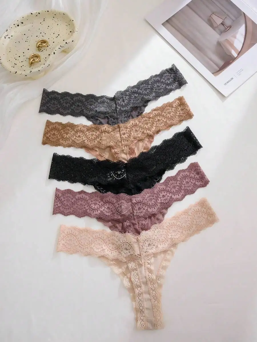 

5pcs Womens Lace Low Waist Thong Panties Multi-Color Casual Underwear