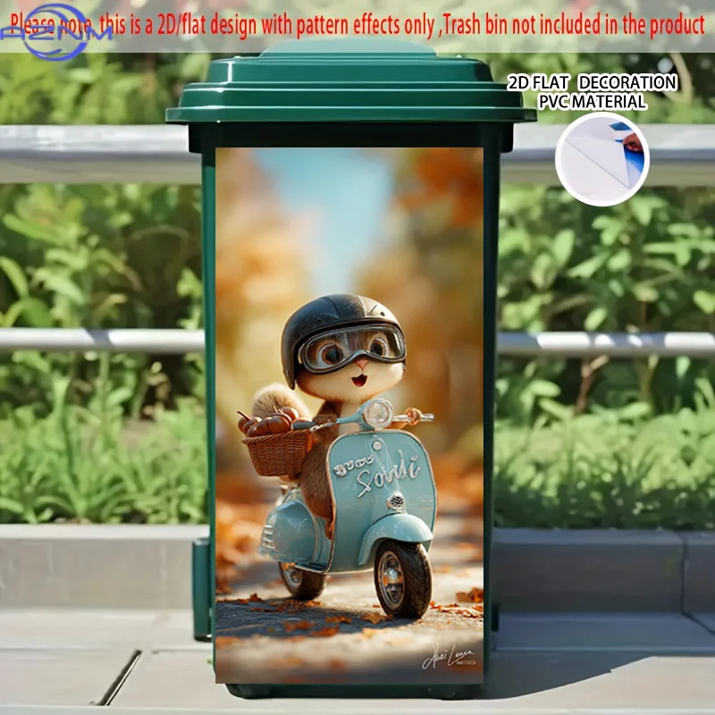 [2D Flat Printing] 1pc 2D Pattern Printed Kitchen Trash Can Sticker, X Cm Squirrel Riding a Scooter Theme Kitchen Home Decor W