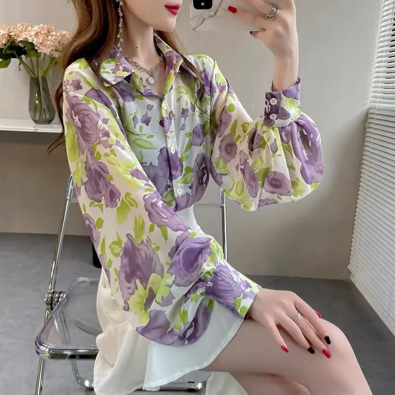 2024 New Bishop Sleeve Chiffon Tops Summer Unique Loose Printing Women Flip Collar Single-breasted Long Sleeves Large Size Shirt