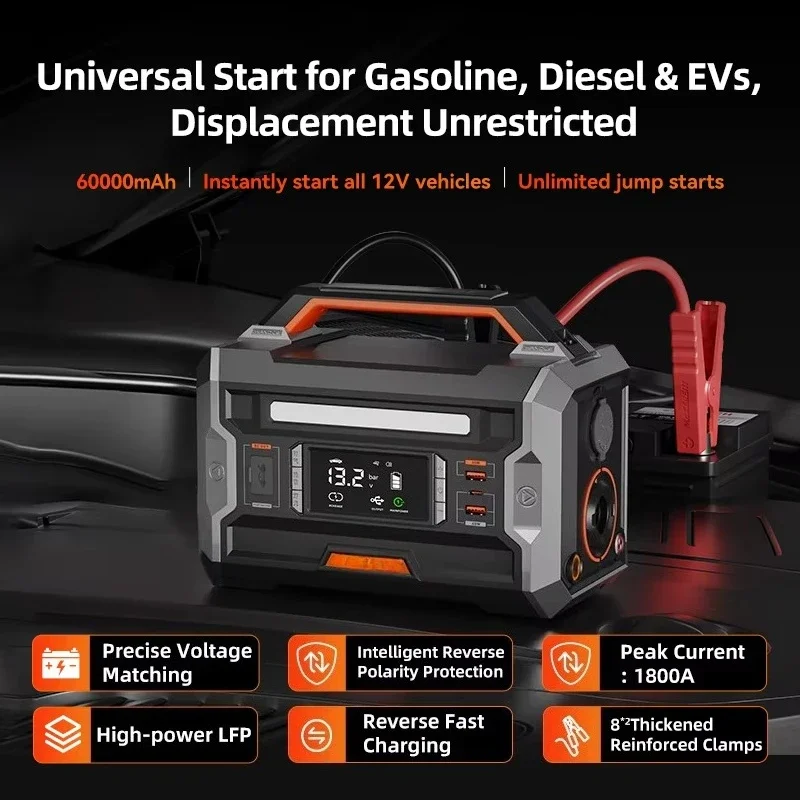60000mAh Fast Charging Wireless Car Jump Starter Tire Inflator Vacuum with 1800A Peak Current Power Bank Black Plastic