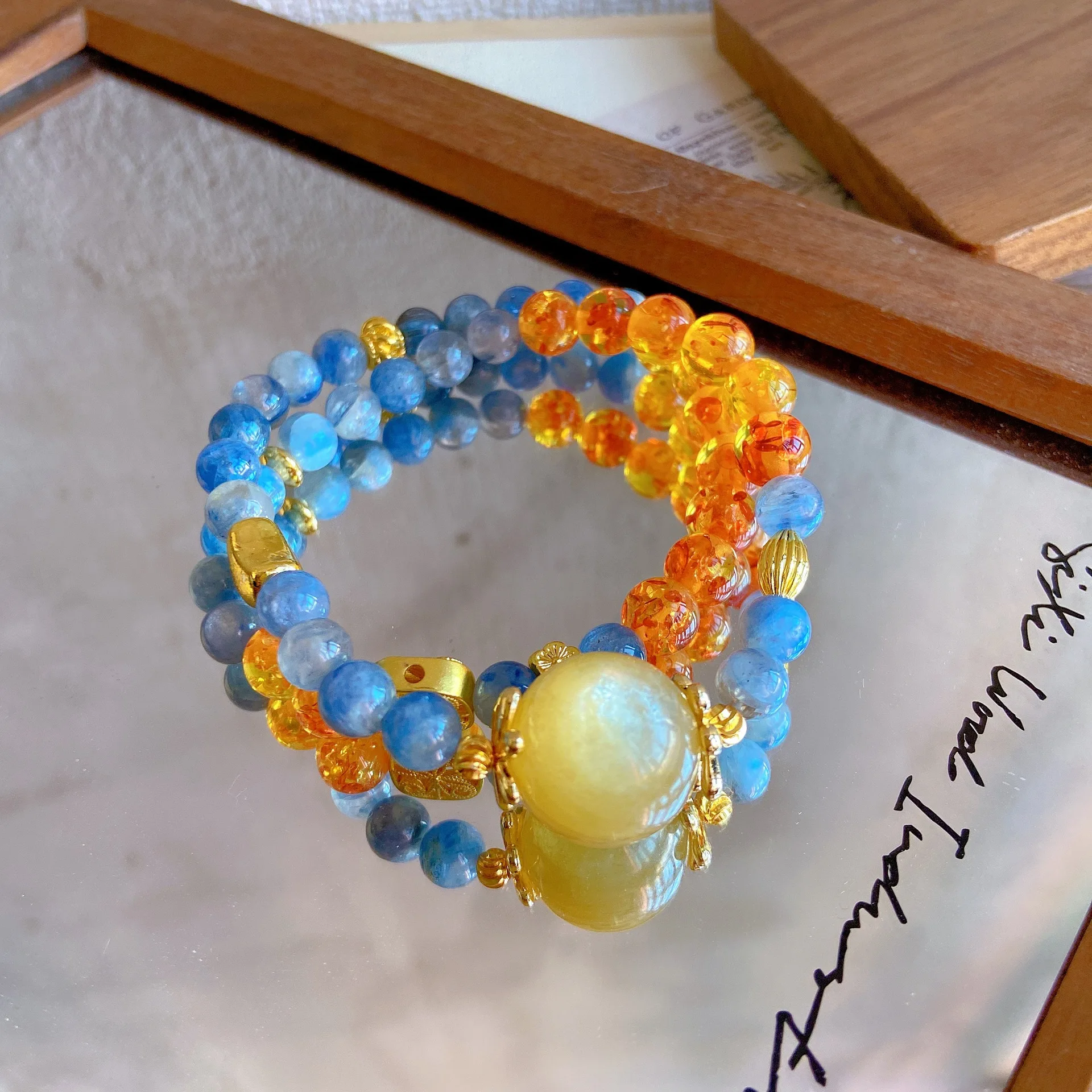 Chinese Style Good Luck Natural Blue Kyanite Flower Amber Golden Lepidolite Double Layer Beaded Bracelet Van Gogh Starry Sky For