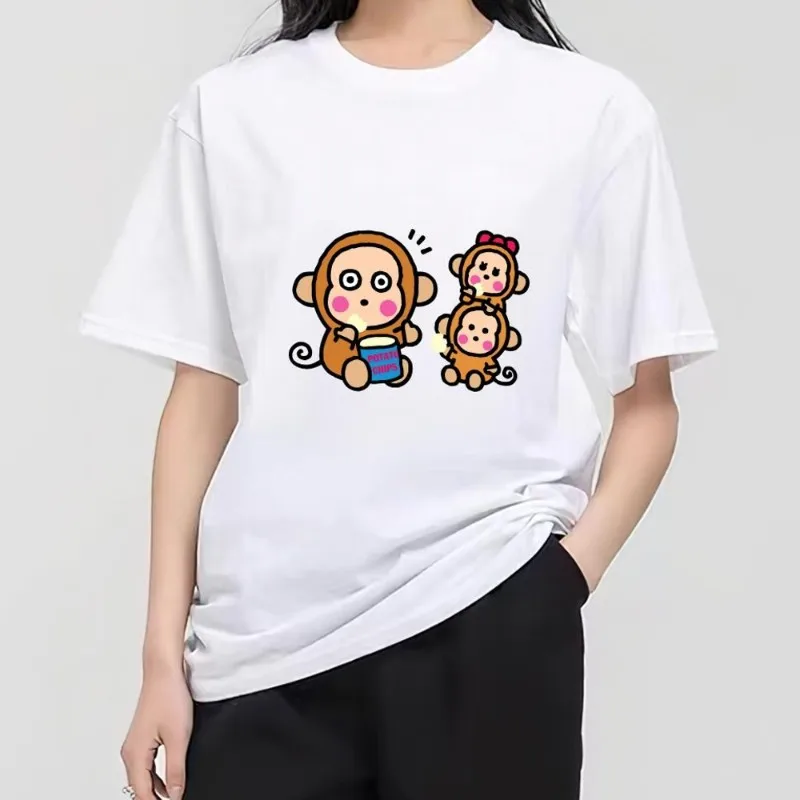 MINISO Sanrio Monkichi T Shirt Women Couple Combination Clothes Short Sleeve Collar Fashion Man Cotton