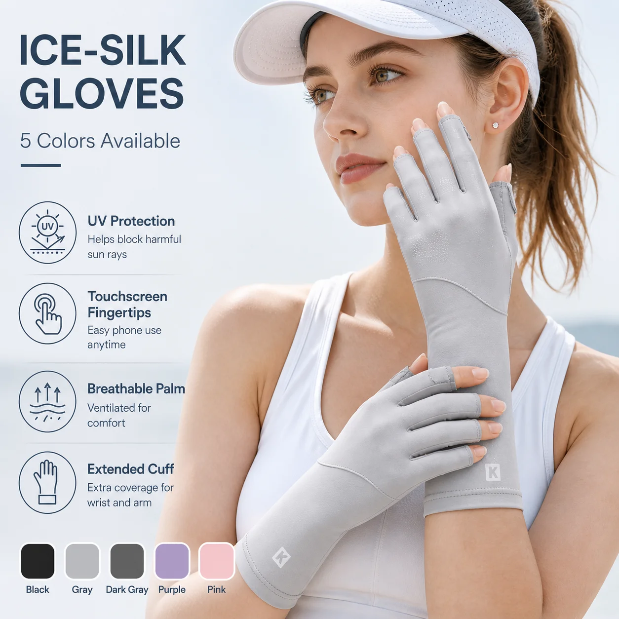Women’s Ice Silk UV Protection Gloves for Summer Outdoor Sports, Cycling  Fingerless Touchscreen Sun Gloves with Extended Cuff