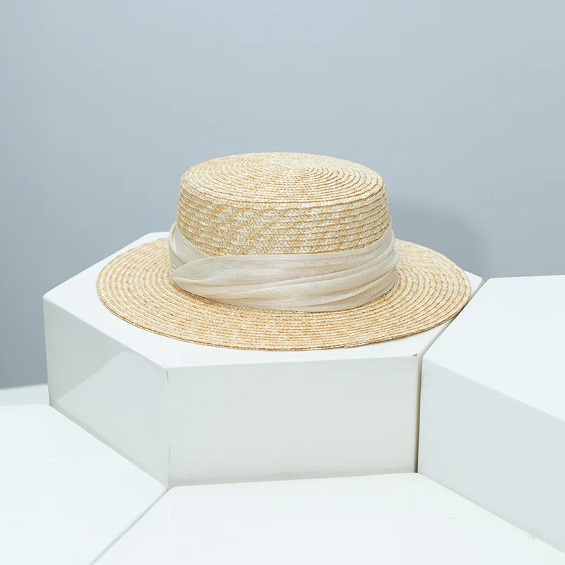 

Fine Handwoven Sisal Decor Straw Hat, Flat Top with Round Ring, Sun Protection Wide Brim, Breathable Beach Cap for Women