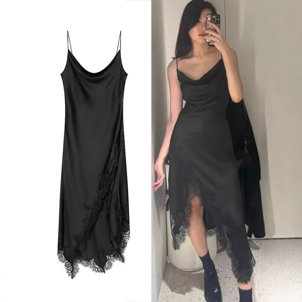 Frauen Satin Spitze Kleid Frühling Sommer Sexy Backless Elegante Fließende Hals frauen Langes Kleid Dame Asymmetrische Saum Kleider