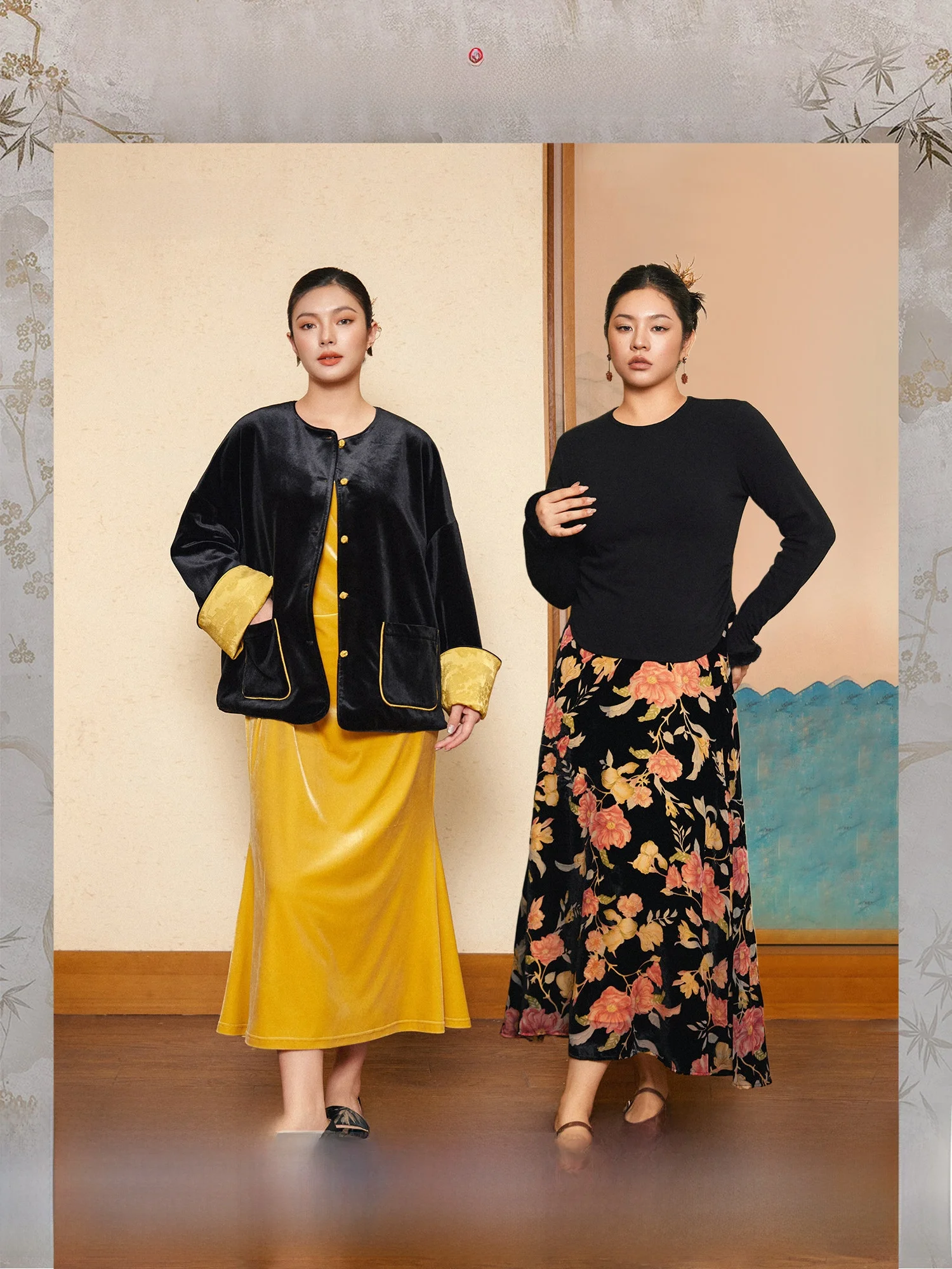 

Комплект Plusmall: двусторонняя бархатная куртка и юбка с выжженным цветочным узором, новинка зимы, в национальном стиле, большие размеры, женский.