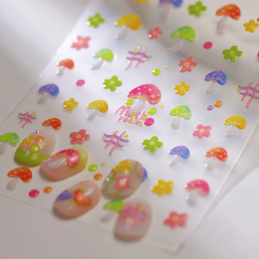 5D Relief Glossy Jelly Bright Colorful Mushroom Egg Floret Star Adhesive Nail Art Stickers Decals Manicure Ornaments Accessories