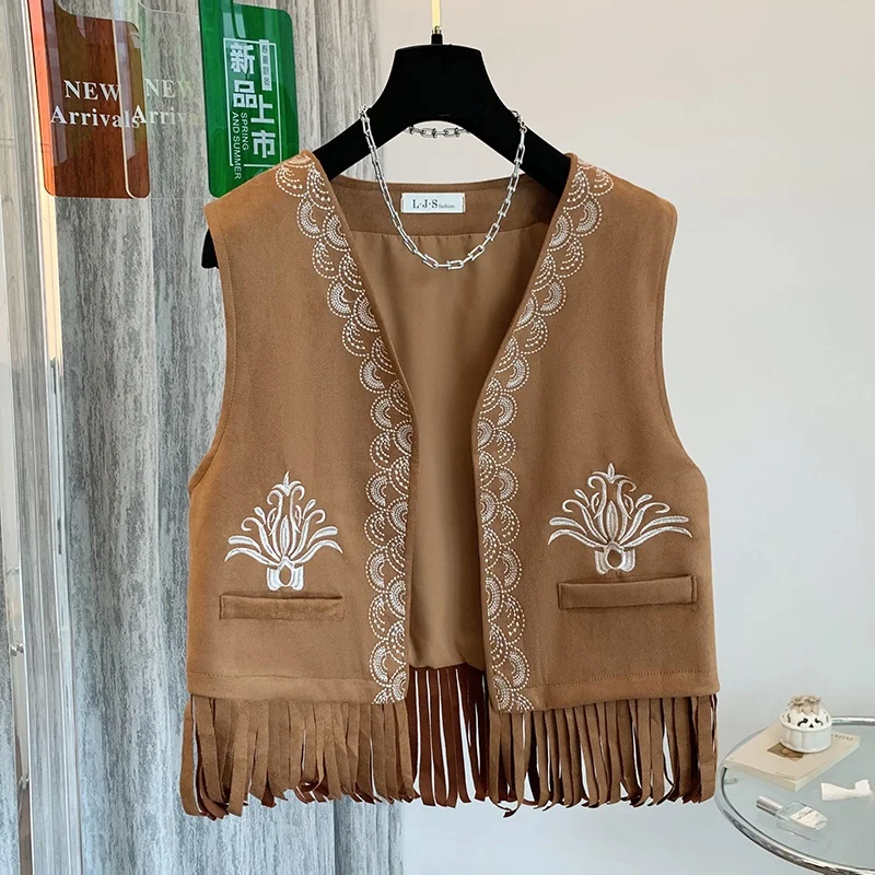 Retro n Embroidered Tassel Vest Top Summer Travel Photoaphy Pure Color Skirt Matching Svel V-Ne ort Length