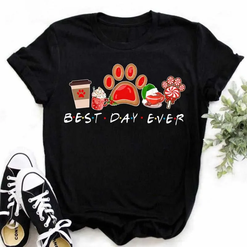 Fashion Christmas Paws Print T Shirt Harajuku Women Fashion Short Sleeve T-shirt White Suitable All Seasons Tshirt Top