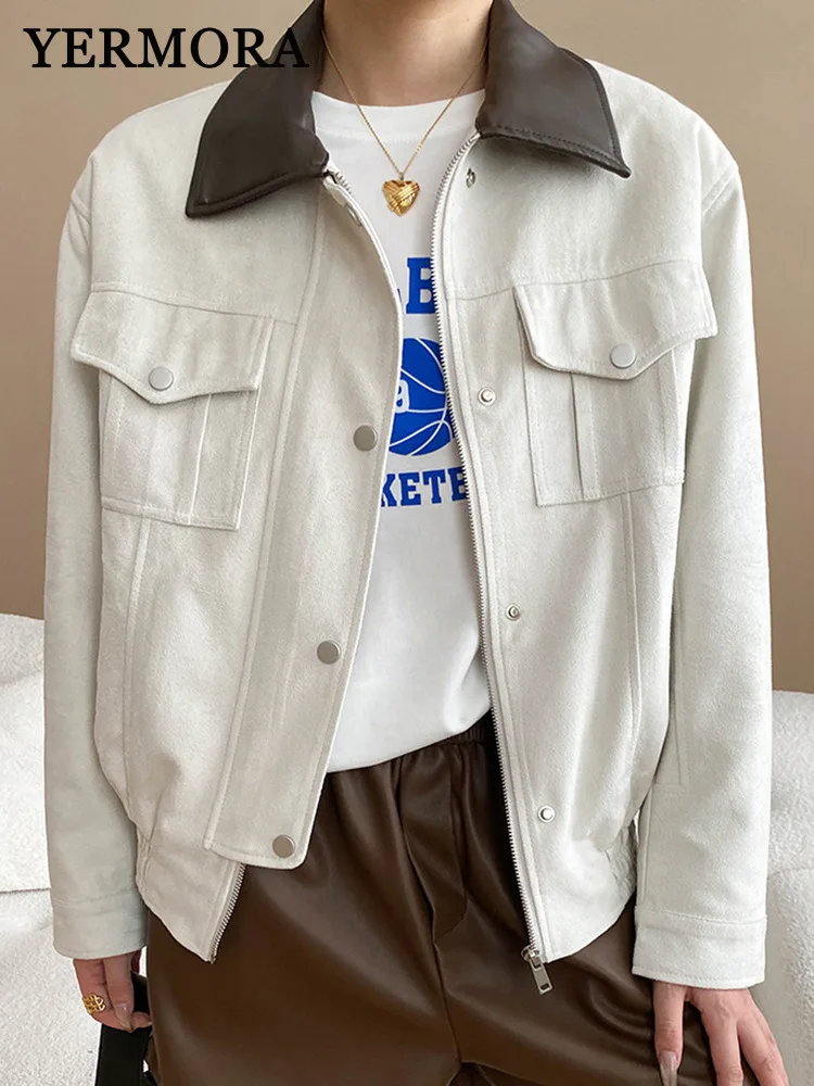 

YERMORA Beige Zipper Pocket Big Size Vintage Jacket For Women Lapel Long Sleeve Loose New Coat Fashion Tide Spring Autumn 2025